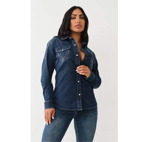 NWOT True Religion Georgia Denim Jean Shirt Womens Blue Sz M Dark Wash - Picture 1 of 6
